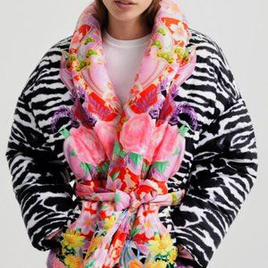 Desigual x Maria Escote Oversized quilted coat w/ strap. Zebra + Floral Pattern